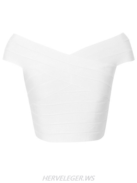 Herve Leger Off The Shoulder White Bandage Crop Top
