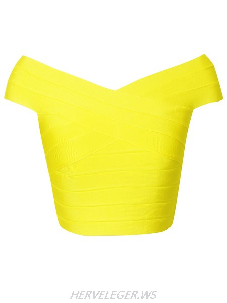 Herve Leger Off The Shoulder Yellow Bandage Crop Top
