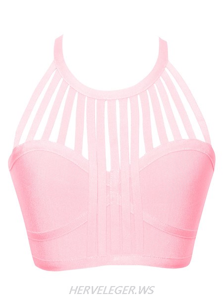 Herve Leger Pink Fringe Cutout Bandage Crop Top