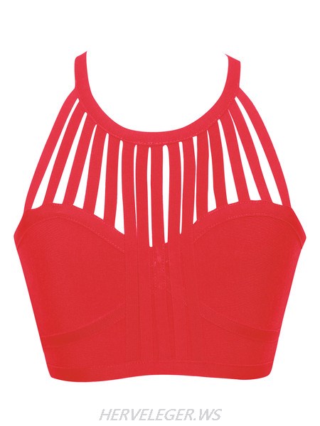 Herve Leger Red Fringe Cutout Bandage Crop Top