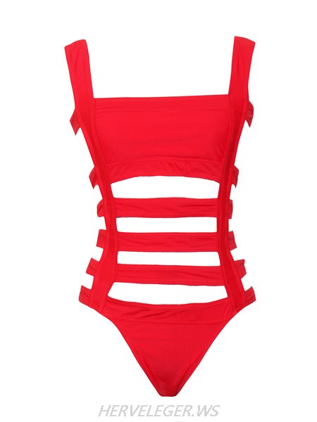 Herve Leger Tanya Grid Cutout Red Swimsuit