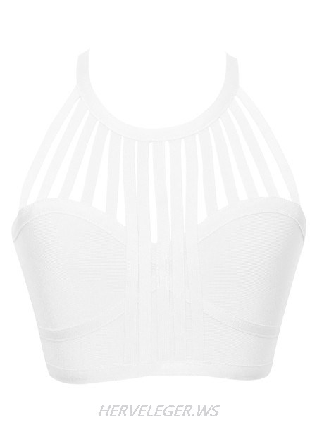 Herve Leger White Fringe Cutout Bandage Crop Top
