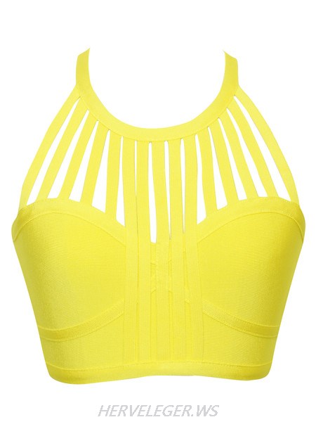 Herve Leger Yellow Fringe Cutout Bandage Crop Top