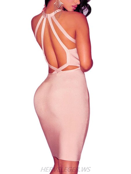 Herve Leger Eva Pink Keyhole Cutout Detail Dress