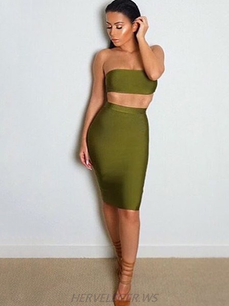 Herve Leger Karlton Olive Strapless Crop Top Two Piece Dress