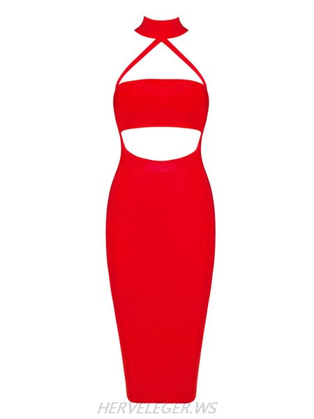 Herve Leger Konstanza Red High Neck Mesh Cutout Dress