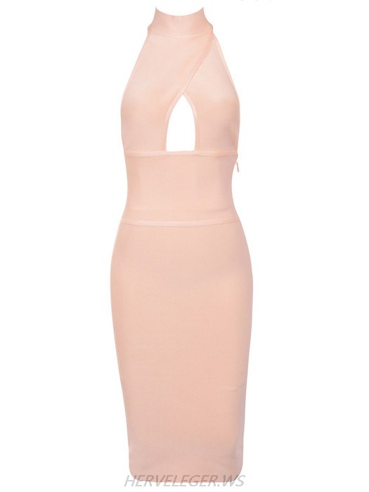 Herve Leger Light Pink Halter Top Turtleneck Cutout Dress