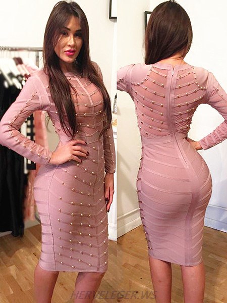 Herve Leger Nikoleta Mauve Studded Long Sleeve Mesh and Dress
