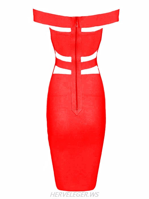 Herve Leger Red Off Shoulder Horizontal Cutout Detail Dress