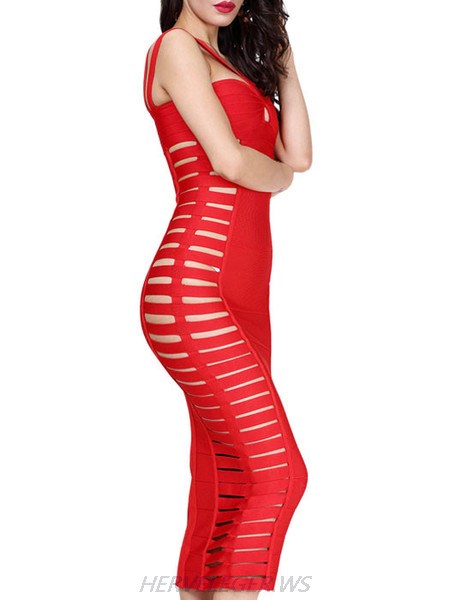 Herve Leger Red Zoe Cutout Detail Halter Top Dress