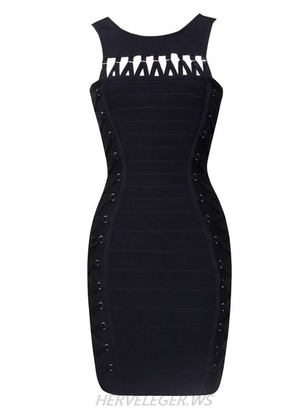 Herve Leger Tanner Black Lace up Detail Dress
