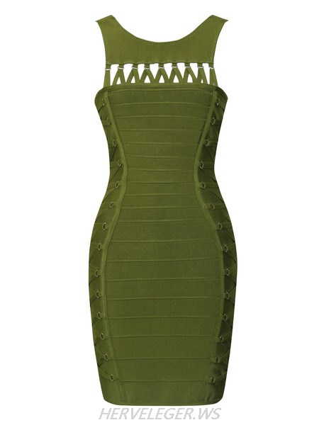 Herve Leger Tanner Olive Green Lace up Detail Dress