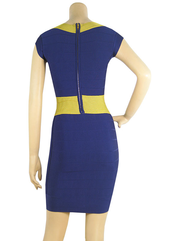 Herve Leger Blue And Yellow Square Neckline Bandage Dress