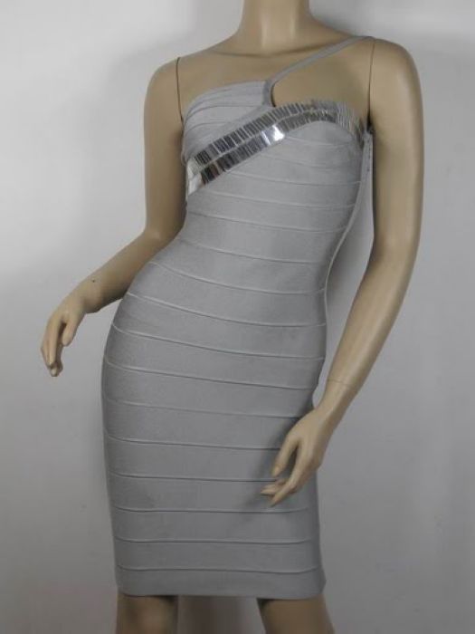 Eliza Dushku Dress Herve Leger Grey Strapless Dress