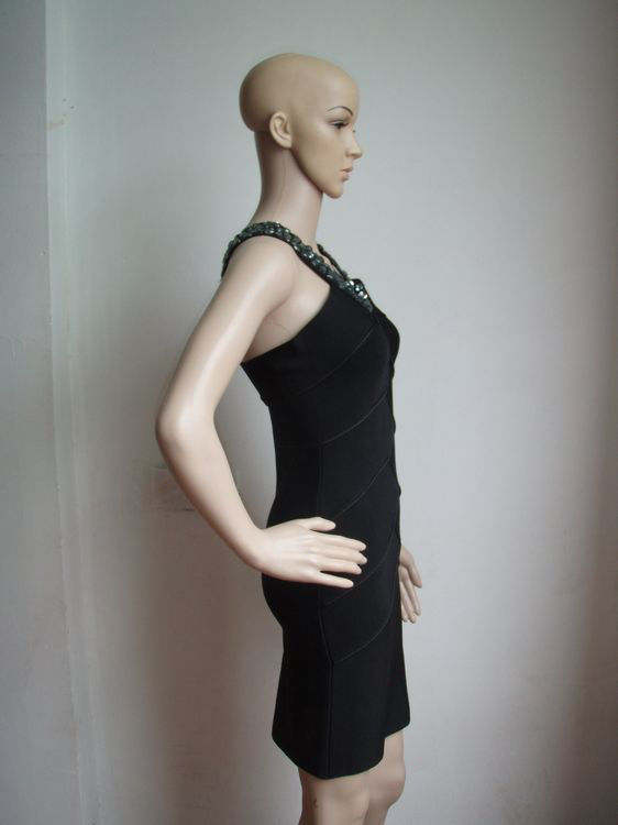 Herve Leger Black Jeweled Neckline Bandage Dress
