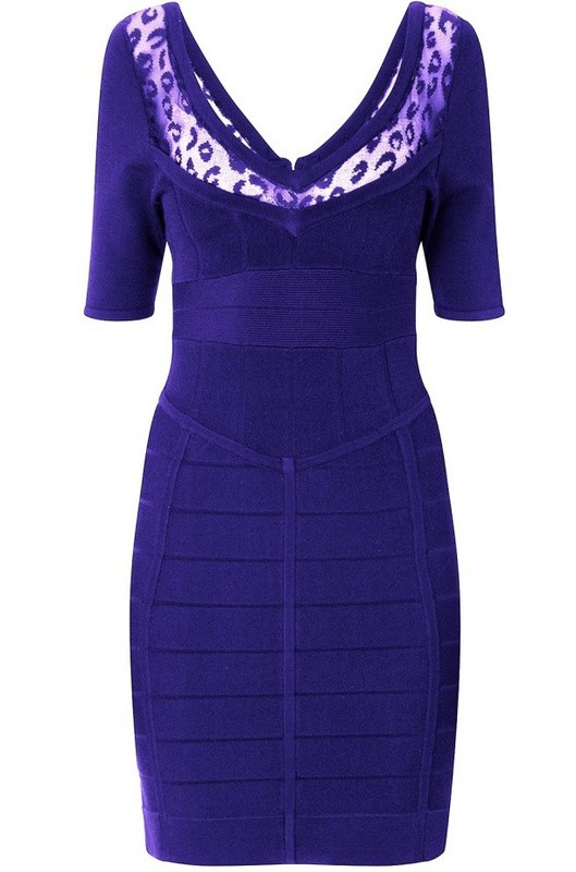 Herve Leger Purple V Neck Half Sleeve Dress