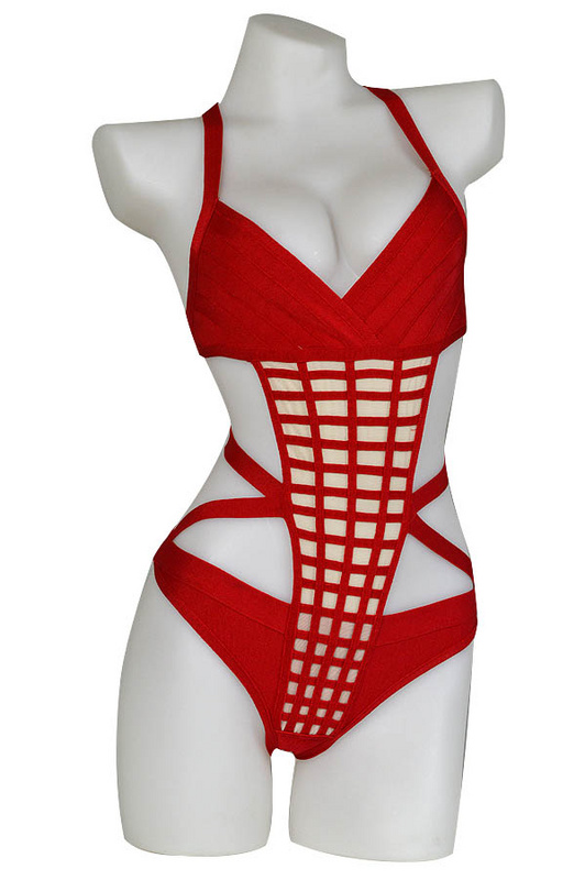 Beyonce Swimsuit Herve Leger Red And Black Multi Color Fashion One Piece Swimsuit