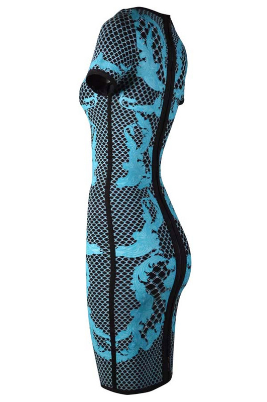 Herve Leger Black And Blue Multi Color Art Printing Bandage Dress