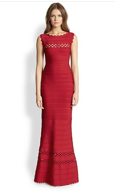 Herve Leger Black And Red Multi Color Round Neck Sleeveless Gown