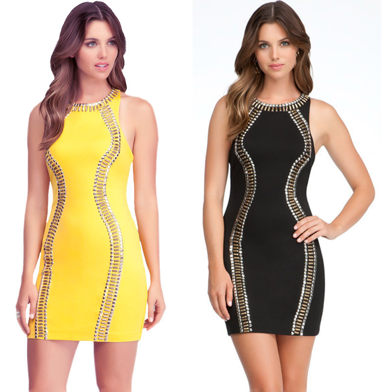 Herve Leger Black And Yellow Multi Color Beaded Bandage Dress