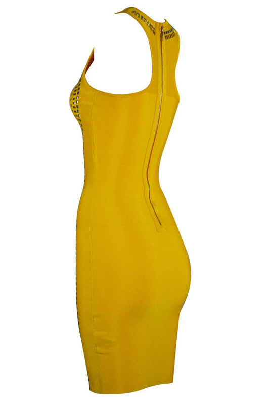 Herve Leger Black And Yellow Multi Color Beaded Bandage Dress