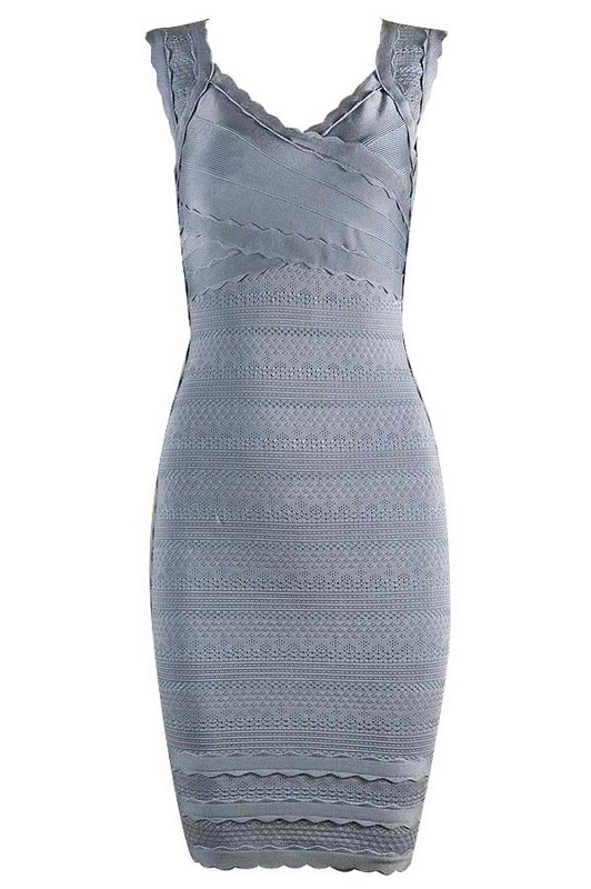 Herve Leger Blue And Gray Multicolor V Neck Bandage Dress