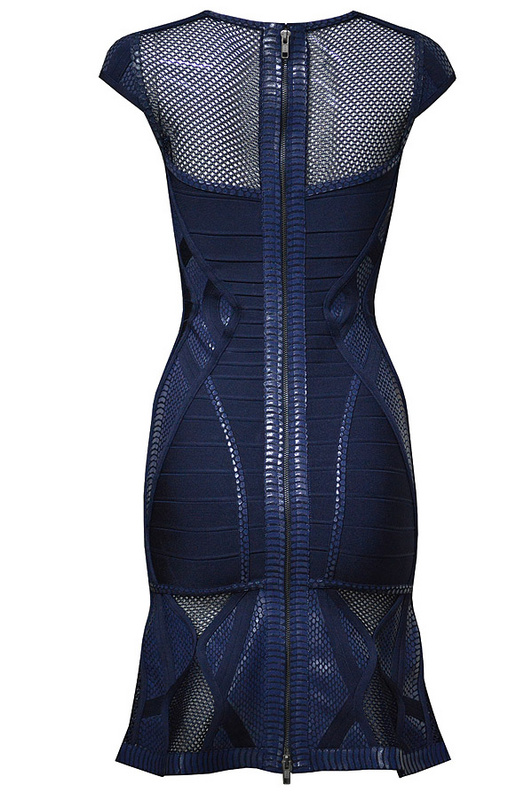 Herve Leger Blue And Pink Multi Color Mesh Stitching Round Neck Bandage Dress