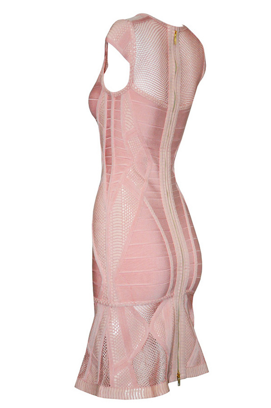 Herve Leger Blue And Pink Multi Color Mesh Stitching Round Neck Bandage Dress