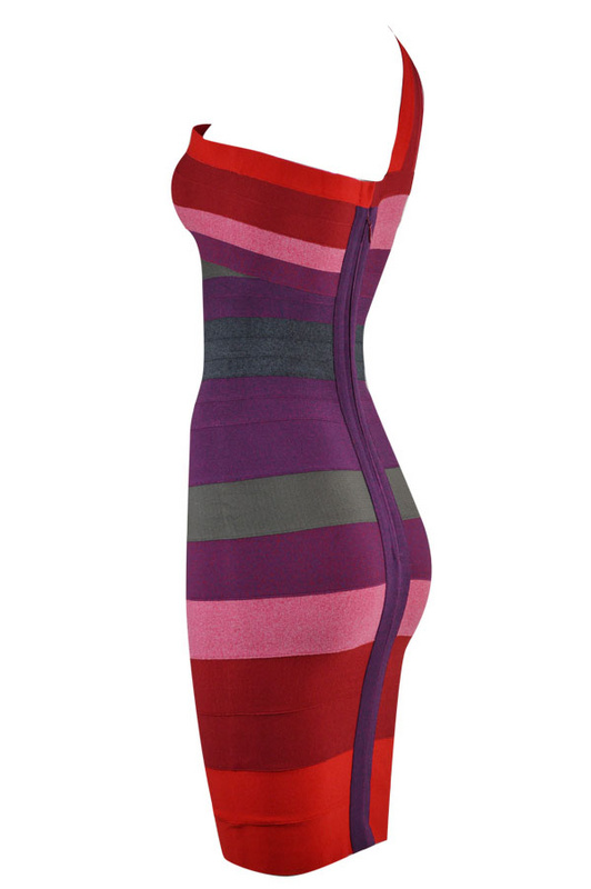 Herve Leger Gray And Red Multi Color Gradient One Shoulder Bandage Dress
