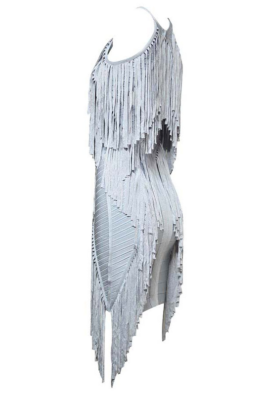 Herve Leger Gray Fringe Sleeveless Bandage Dress