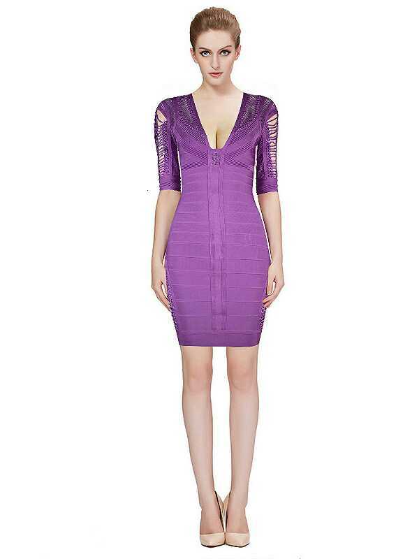Herve Leger Nude Blue Yellow And Purple Multi Color V Neck Hollow Dress