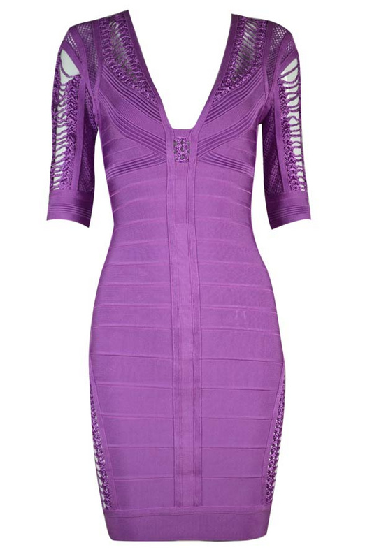 Herve Leger Nude Blue Yellow And Purple Multi Color V Neck Hollow Dress